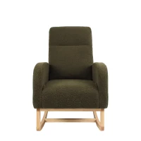 Fauteuil à bascule d’allaitement en tissu teddy, dossier haut ergonomique, base incurvée en bois et poche latérale, Vert(m-20)