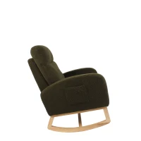 Fauteuil à bascule d’allaitement en tissu teddy, dossier haut ergonomique, base incurvée en bois et poche latérale, Vert(m-22)