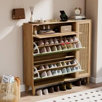 Schuhschrank mit Rattan-Elementen, verstellbaren und herausnehmbaren Trennwänden, platzsparendes Design, 107x24x105 cm, Grün(m-5)