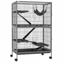 PawHut Small Animal Cage for Chinchilla Ferret Squirrel on Wheels with Hammock Removable Tray, Grey(m-1)