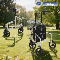 HOMCOM Rolator pliabil ușor pentru seniori cu geantă și coș, 3 roți, 136 kg, argintiu(m-3)