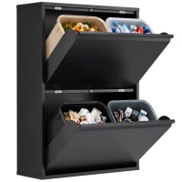 HOMCOM Meuble poubelle 60 L à compartiments basculants, poubelle de recyclage 4 voies, étroit, fermeture amortie, seaux intérieurs amovibles, Noir(m-7)
