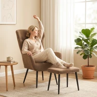 HOMCOM Relax-Sessel mit Pouf im Leinenoptik-Stoff, breite und hohe Rückenlehne, zum Lesen, Wohnzimmer, Braun(m-4)