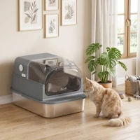 PawHut Caixa de Areia Aço Inoxidável com Tampa Removível XL 92L para Gatos Grandes 3 em 1 com Pá Bordas Altas(m-6)