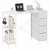 HOMCOM Schreibtisch mit 4 Stoffschubladen, Metallgestell, offene Ablage, Weiß(m-8)