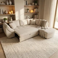 Canapé d'angle convertible réversible - 4 a 5 places - CALVIN - Tissu chenille Perle - Coffre - 257 x 214 x 88 cm(m-3)