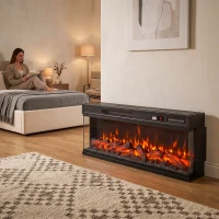 HOMCOM Lareira Elétrica de Chão/Embutir a 3 Lados com Controle Remoto, 750/1500W, Efeito Chama 3D 12 Cores, 5 Luminosidade(m-4)