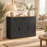 HOMCOM Buffet de cozinha, móvel de arrumação com 3 portas de celeiro, 2 gavetas e prateleiras ajustáveis, 108 x 40 x 81 cm, preto(m-4)