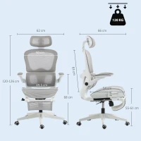 HOMCOM Cadeira de Escritório Ergonômica Reclinável em Malha, Suporte Lombar, Encosto de Cabeça, Apoios de Braço Eleváveis, 62x66x126cm, Cinza(m-3)