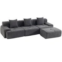 HOMCOM Canapea de colț modulară 3 locuri cu ottoman din chenilă, canapea comprimată 300 cm cu șezut adânc, 3 perne, gri(m-8)