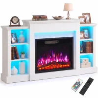 HOMCOM Șemineu Electric Comodă TV pentru televizoare de până la 165 cm cu 6 rafturi Efect flacără 3D 12 culori Bandă LED RGB Alb(m-8)