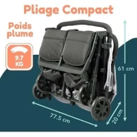 Bambisol - DS209 GRIS NOIR - Poussette Double Cote a Cote | Pour Jumeaux des la Naissance, Pliage Ultra-Compact | Noir Gris(m-3)