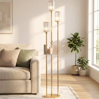 HOMCOM Candeeiro com Prateleira em Vidro 3 Luzes Luminária de Pé Cúpulas de Cristal Dourado(m-10)