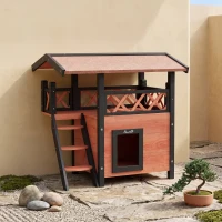 PawHut Cabana para Gato Exterior com Terraço, Escada, Telhado, Casota Villa, 77 x 50 x 73 cm Castanho e Vermelho(m-2)