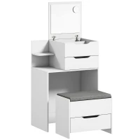 HOMCOM Masă de machiaj cu oglindă și taburet cu oglindă rabatabilă, masă cosmetică cu sertare, Alb(m-1)