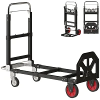 HOMCOM Cărucior Pliabil 2 în 1 Extensibil 220KG Pliere Plat Cărucior Platformă Oțel Mâner Reglabil Roți 360° 112x41x92cm Negru(m-8)