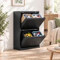 HOMCOM Meuble poubelle 60 L à compartiments basculants, poubelle de recyclage 4 voies, étroit, fermeture amortie, seaux intérieurs amovibles, Noir(m-6)