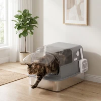 PawHut Caixa de Areia Aço Inoxidável com Tampa Removível XL 92L para Gatos Grandes 3 em 1 com Pá Bordas Altas(m-5)