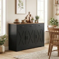 HOMCOM Bufet bucătărie, mobilier de depozitare cu 3 uși tip hambar, 2 sertare și polițe reglabile, 108 x 40 x 81 cm, negru(m-7)