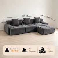 HOMCOM Modulares Ecksofa 3-Sitzer mit Ottomane aus Chenille, komprimiertes 300 cm Sofa mit tiefer Sitzfläche, 3 Kissen, Grau(m-3)