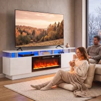HOMCOM Mueble TV con Chimenea Eléctrica 203cm con Iluminación LED Chimenea Decorativa Falsa 900/1800W Efecto Llama 3D Blanco(m-4)