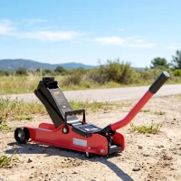 HOMCOM Gato Hidráulico Gato Rodante 2,5 Toneladas de Perfil Bajo para Coche Elevación 85-380mm Patín de Caucho 90x22x38cm Rojo(m-2)