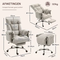 HOMCOM Bureaustoel met voetensteun, verstelbare rugleuning, hoge rugleuning en armleuningen, comfortabele thuiswerkstoel, grijs(m-3)