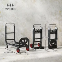 HOMCOM Carrinho Dobrável 2 em 1 Extensível 220KG Dobra Plana Carrinho Plataforma Aço Alça Regulável Rodas 360° 112x41x92cm Preto(m-3)