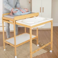 Table a langer avec baignoire coulissante - ROBA - Inclus matelas déperlant Roba style Gris - Tablette de rangement - Bambou naturel(m-5)