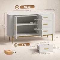 HOMCOM Aparador de Salón, Mueble de Almacenamiento con 2 Puertas, 3 Cajones, Balda Regulable y Frente Acanalado, 140x44x79cm, Gris Claro(m-3)
