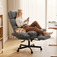 HOMCOM Cadeira de Escritório Ergonómica, Braços Rebatíveis, Apoio de Cabeça Ajustável, Cadeira Reclinável em Veludo Cotelê, Cinza(m-4)