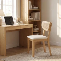 HOMCOM Lote de 2 Sillas de Comedor, Sillas de Cocina Tapizadas en Lino, Respaldo Efecto Ratán y Patas de Hevea, Beige(m-5)