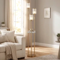 HOMCOM Lampadar Raft Sticlă 3 Lumini Lampă de Podea Abajur Sticlă Auriu(m-7)