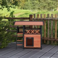 PawHut Cabana para Gato Exterior com Terraço, Escada, Telhado, Casota Villa, 77 x 50 x 73 cm Castanho e Vermelho(m-4)