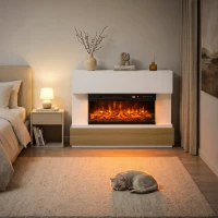 HOMCOM Lareira Elétrica de Chão e Embutir a 3 Lados, 900/1800W, 12 Cores Chama 3D, 117 cm, Branco(m-4)