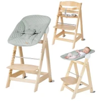 Chaise haute évolutive 2-en-1 - ROBA - BORN UP - Transat inclinable vert givré 'Roba Style' inclus - Bois naturel(m-1)
