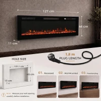 HOMCOM Lareira Elétrica Embutível Mural ou de Chão 3 em 1 Lareira Decorativa Extra-Fina 900W/1800W Efeito Chama 3D Preto(m-3)