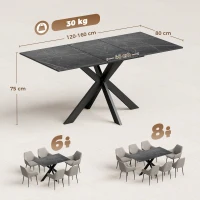 HOMCOM Mesa de Jantar Extensível para 4 a 8 Pessoas, 120-160 cm, Tampo com Efeito Mármore, Pés Cruzados em Aço, Preto(m-3)