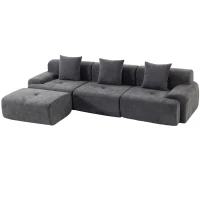 HOMCOM Canapea de colț modulară 3 locuri cu ottoman din chenilă, canapea comprimată 300 cm cu șezut adânc, 3 perne, gri(m-9)