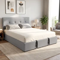 HOMCOM Cama com Compartimento 140 x 190 cm Estofada Efeito Linho, Cinza Escuro(m-6)