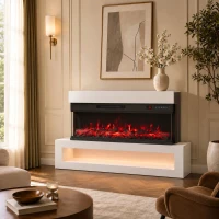 HOMCOM Șemineu Electric Podea/Perete 900/1800W cu Bandă LED, 3 Fețe, Mobilier TV 140 cm, 12 Culori Flacără, Telecomandă, Alb(m-6)
