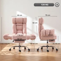 HOMCOM Chaise de bureau ergonomique avec repose-pieds accoudoirs et dossier haut rabattables inclinable 135° hauteur réglable Rose(m-3)