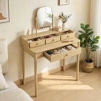 HOMCOM Tocador con espejo giratorio, tocador de madera de pino con 4 cajones, superficie de almacenamiento para dormitorio, roble(m-5)