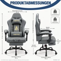 Gaming-Stuhl mit Fußstütze, weiches Nacken- und Lendenkissen, abnehmbaren Stützkissen, 60x60x122 cm, Grau(m-2)