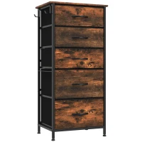 HOMCOM Cómoda 5 cajones de tela plegables, cómoda para dormitorio de adulto con bolsillos laterales y 2 ganchos, marrón rústico(m-1)