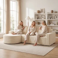 HOMCOM Canapea colțar 3 locuri din catifea côtelée, Canapea comprimată în L 235cm, Șezlong curbat, Șezut adânc, Bej(m-5)