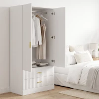 HOMCOM Armario Dormitorio con 2 Puertas, 2 Cajones Acanalados y Barra de Colgar, 78 x 50 x 170 cm, Blanco(m-4)