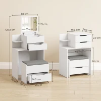 HOMCOM Penteadeira com espelho e banqueta com espelho dobrável, mesa de maquiagem com gavetas, Branco(m-3)