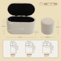 HOMCOM Bancă de depozitare din catifea taburet-cofret de depozitare tip nesting 3 în 1 cu 2 taburete mici integrate 82x43x44cm bej(m-3)