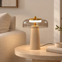 HOMCOM Lámpara de Mesa Vintage con Pantalla de Vidrio y Base de Travertino, Lámpara de Mesita Retro, Luz Cálida 3000 K, Ámbar(m-10)